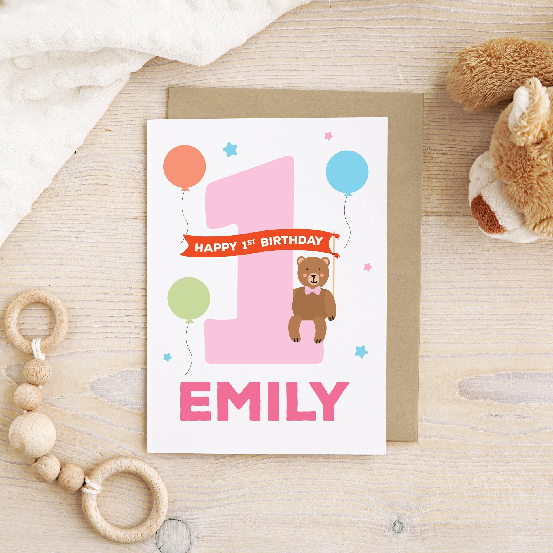 1st birthday girl card, Animal 1st birthday card, personalised girls 1st birthday card, First Birthday Card, cute animal card, birthday bear